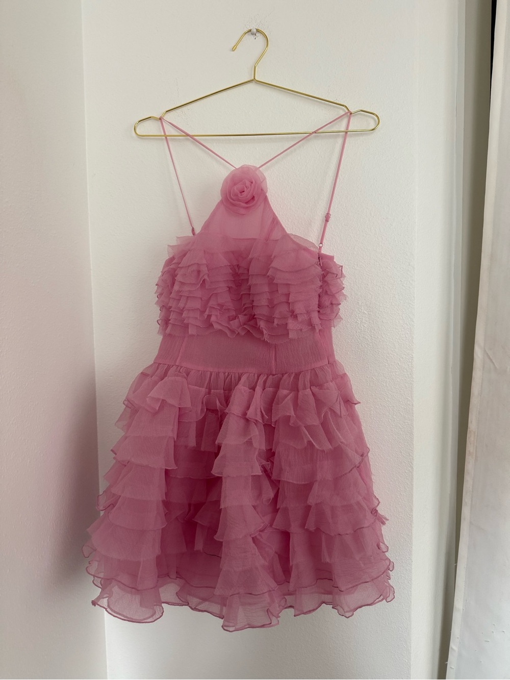 STAUD Pink Ruffle Halter Mini Dress Rosette Tiered Organza